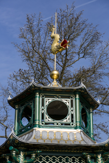 Golden Dragon Weathervane on the top of the Chinese Pagoda in the Water Garden at Cliveden, Buckinghamshire